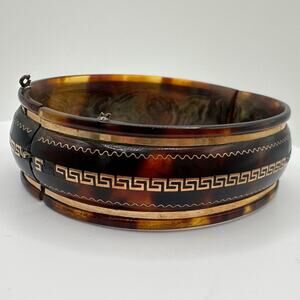 Antique Victorian 1870s Pique "faux" tortoiseshell 14kt gold bangle bracelet
